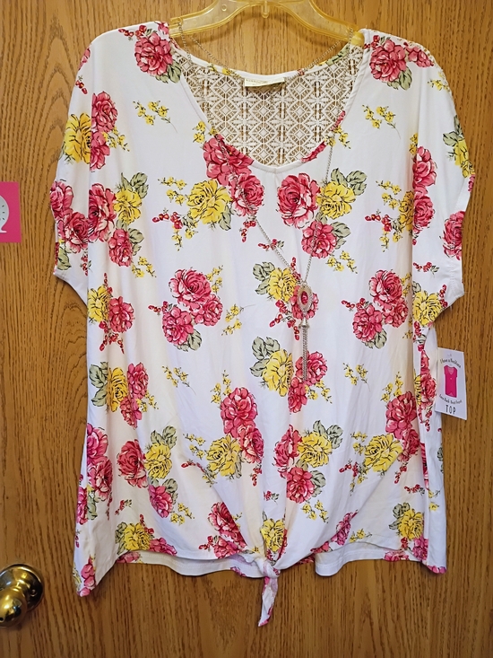 Bobbie Brooks Tops - Bobbie Brooks White Short-Sleeve Floral Tie-Front Top with Lace- NWT